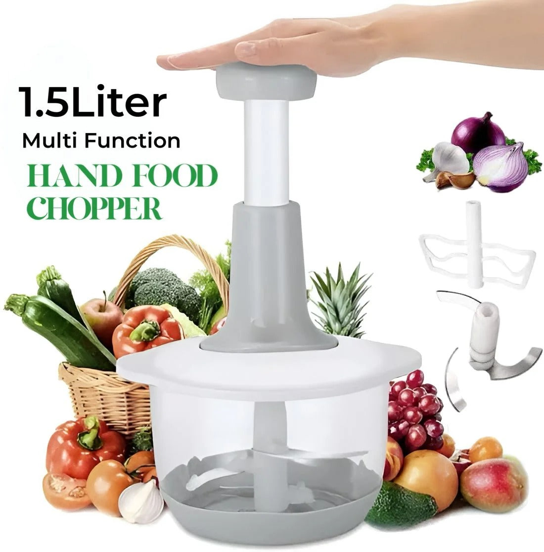 1.5L Manual Food Chopper – Hand Press Vegetable & Fruit Cutter | Speedy Kitchen Chopping Tool (Random Color)