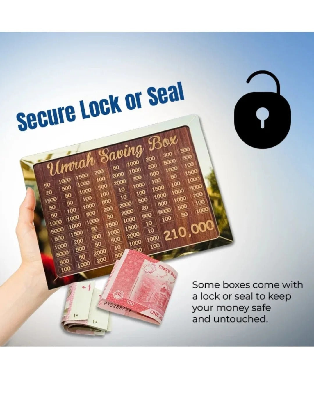 Premium Wooden Umrah Saving Box – 210,000 Savings Goal Challenge Tracker